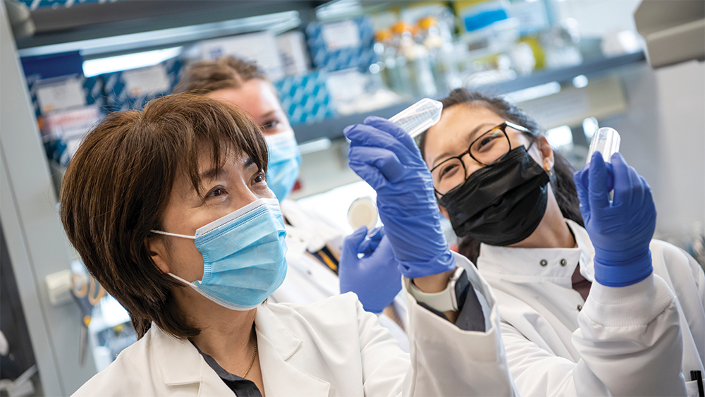 Professor Jiyoung Lee and graduate students in her water quality testing lab in the College of Public Health OSAM Learning Spaces